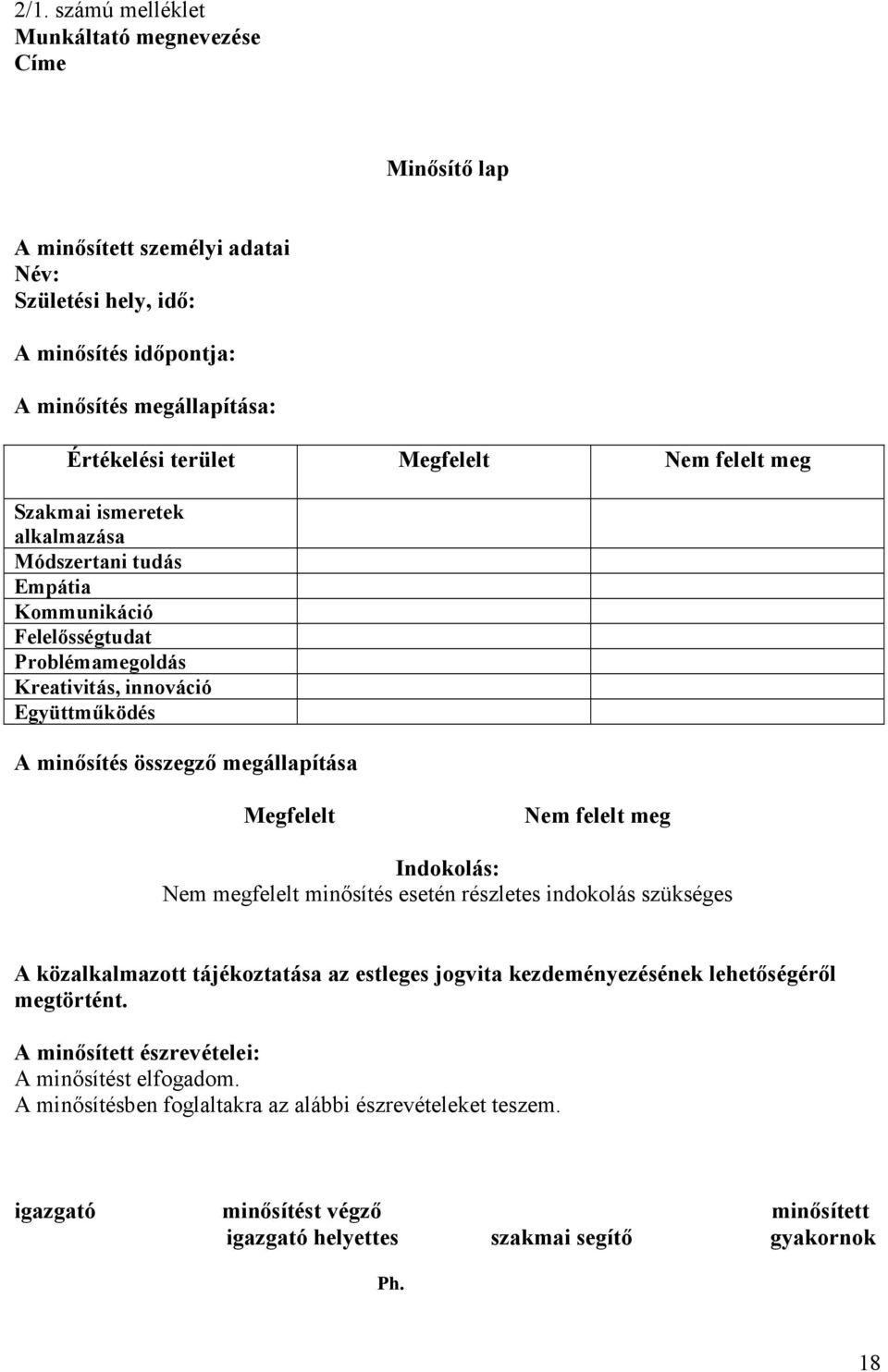 megállapítása Megfelelt Nem felelt meg Indokolás: Nem megfelelt minısítés esetén részletes indokolás szükséges A közalkalmazott tájékoztatása az estleges jogvita kezdeményezésének lehetıségérıl