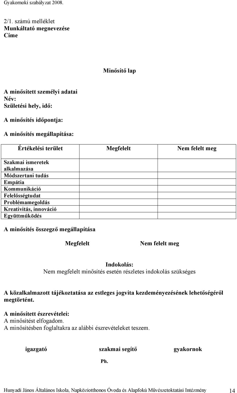 felelt meg Indokolás: Nem megfelelt minősítés esetén részletes indokolás szükséges A közalkalmazott tájékoztatása az estleges jogvita kezdeményezésének lehetőségéről megtörtént.