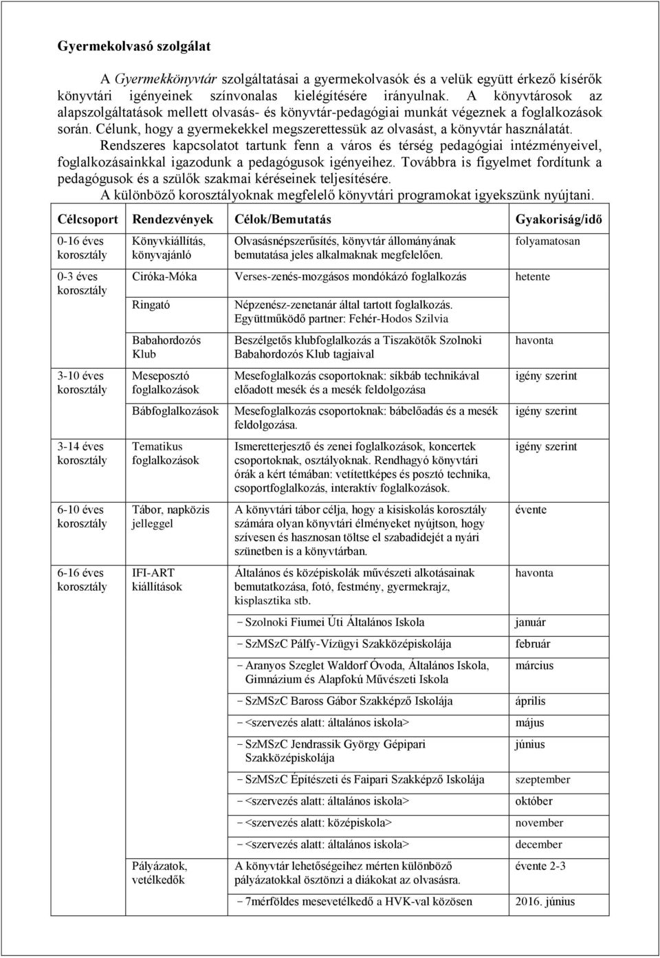 Rendszeres kapcsolatot tartunk fenn a város és térség pedagógiai intézményeivel, foglalkozásainkkal igazodunk a pedagógusok igényeihez.