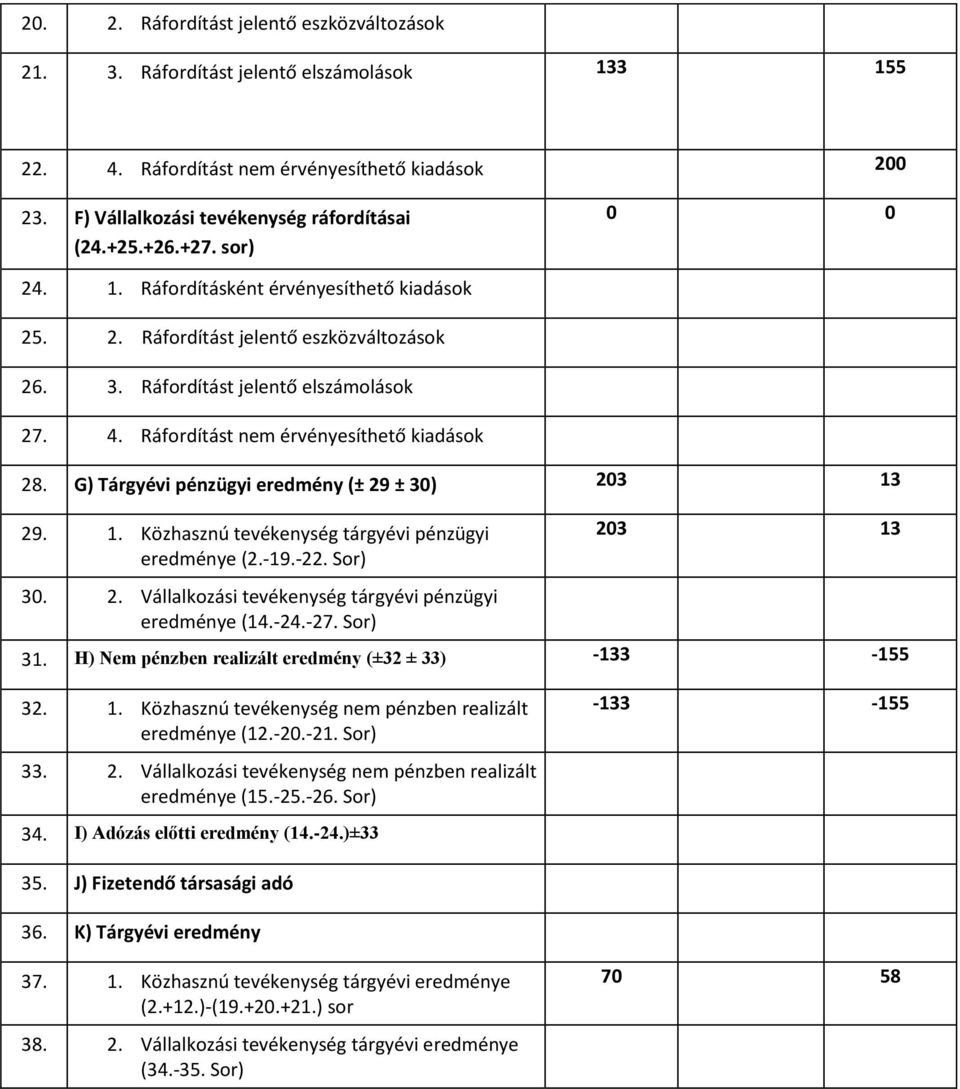 G) Tárgyévi pénzügyi eredmény (± 29 ± 30) 203 13 29. 1. Közhasznú tevékenység tárgyévi pénzügyi eredménye (2.-19.-22. Sor) 203 13 30. 2. Vállalkozási tevékenység tárgyévi pénzügyi eredménye (14.-24.