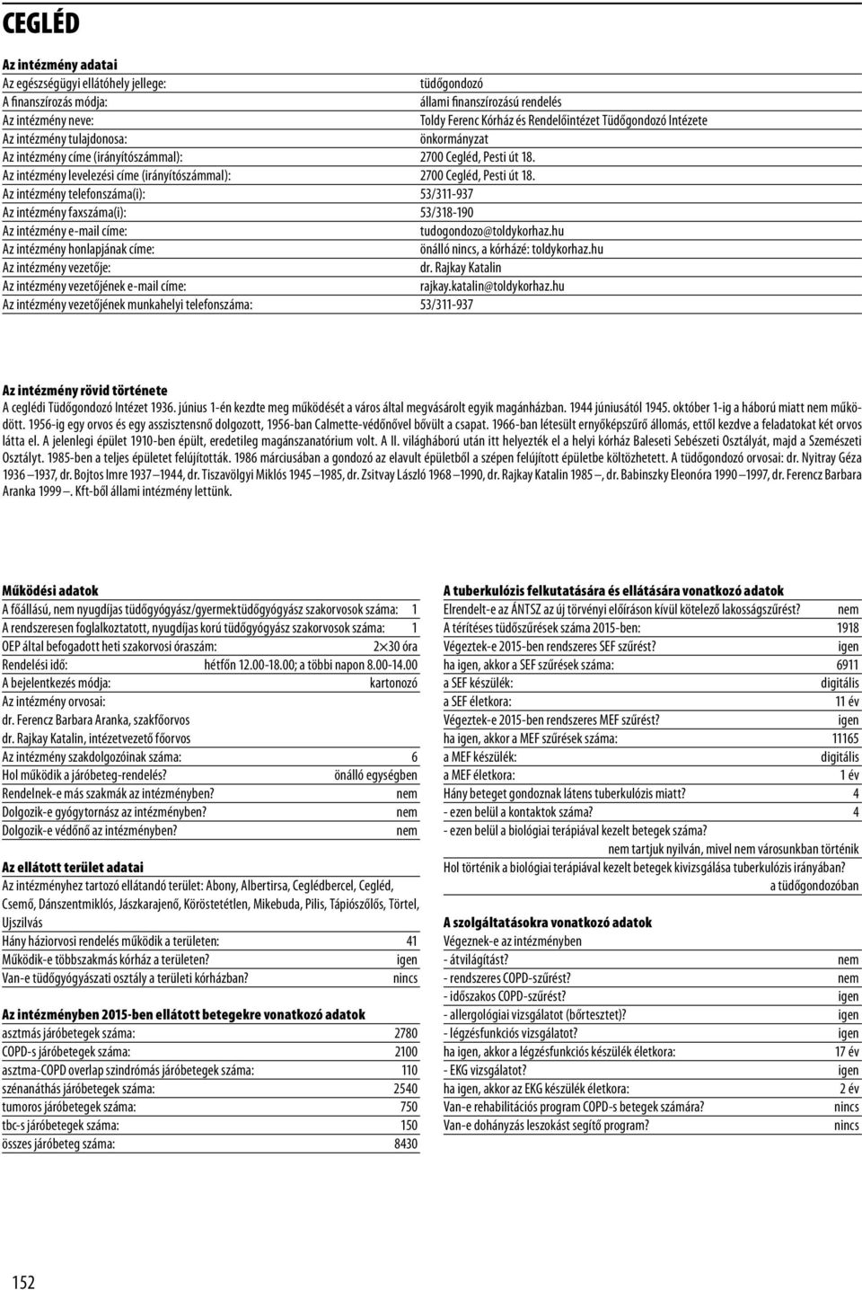 Az intézmény telefonszáma(i): 53/311-937 Az intézmény faxszáma(i): 53/318-190 Az intézmény e-mail címe: tudogondozo@toldykorhaz.hu Az intézmény honlapjának címe: önálló, a kórházé: toldykorhaz.hu dr.