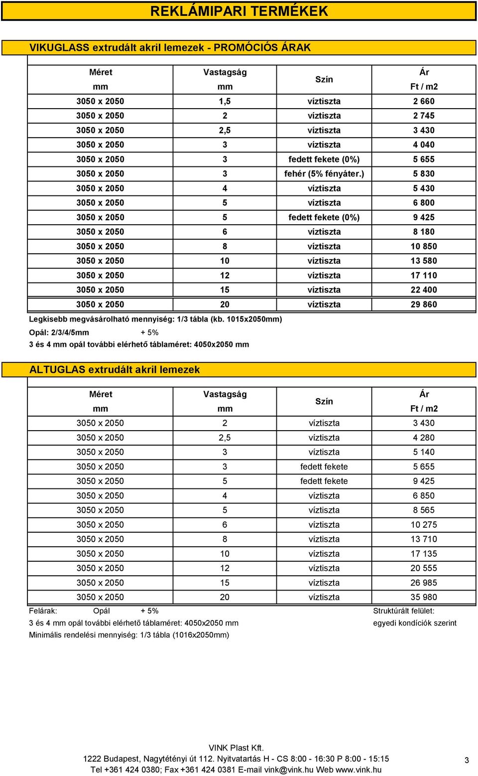 1015x2050) Opál: 2//4/5 + 5% és 4 opál további elérhető táblaméret: 4050x2050 ALTUGLAS extrudált akril lemezek fehér (5% fényáter.