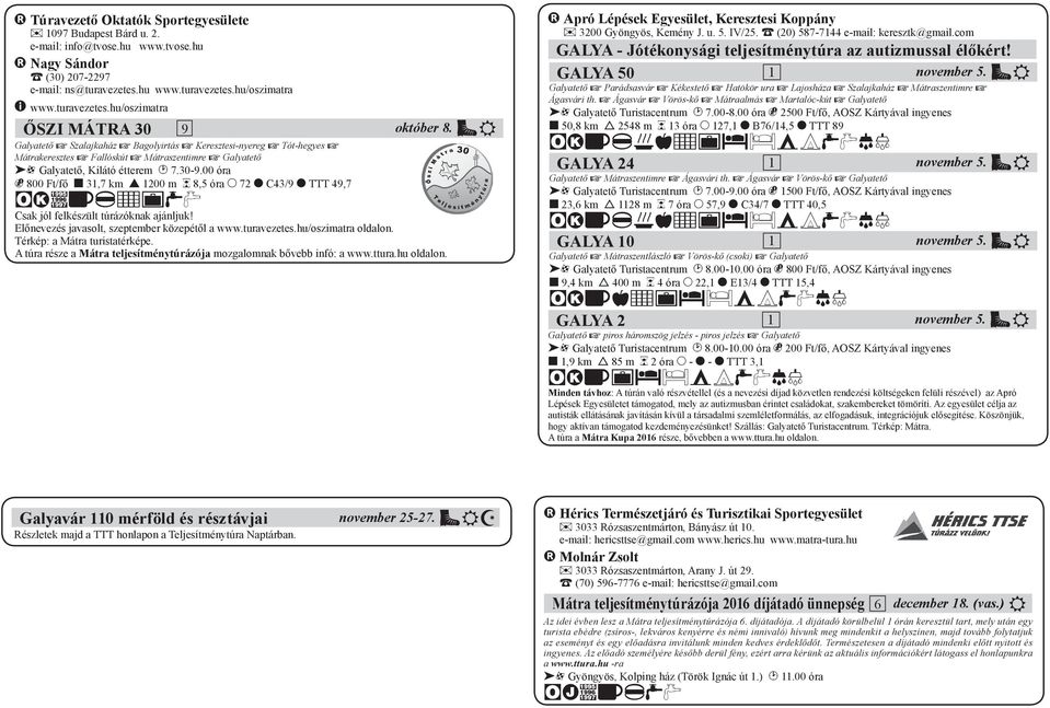 AE Galyatető x Szalajkaház x Bagolyirtás x Keresztesi-nyereg x Tót-hegyes x Mátrakeresztes x Fallóskút x Mátraszentimre x Galyatető 2O Galyatető, Kilátó étterem K 7.30-9.