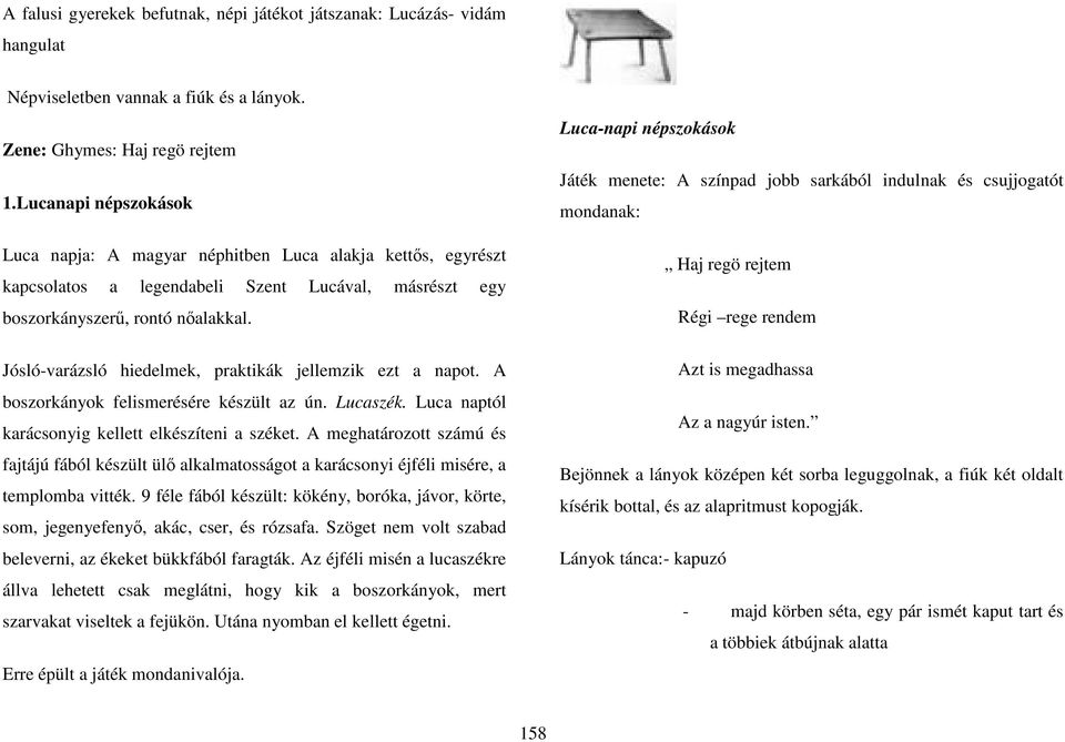 Jósló-varázsló hiedelmek, praktikák jellemzik ezt a napot. A boszorkányok felismerésére készült az ún. Lucaszék. Luca naptól karácsonyig kellett elkészíteni a széket.