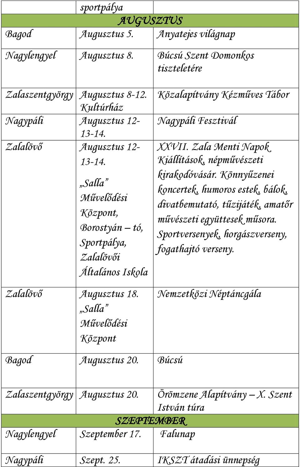 Zala Menti Napok Kiállítások, népművészeti kirakodóvásár. Könnyűzenei koncertek, humoros estek, bálok, divatbemutató, tűzijáték, amatőr művészeti együttesek műsora.