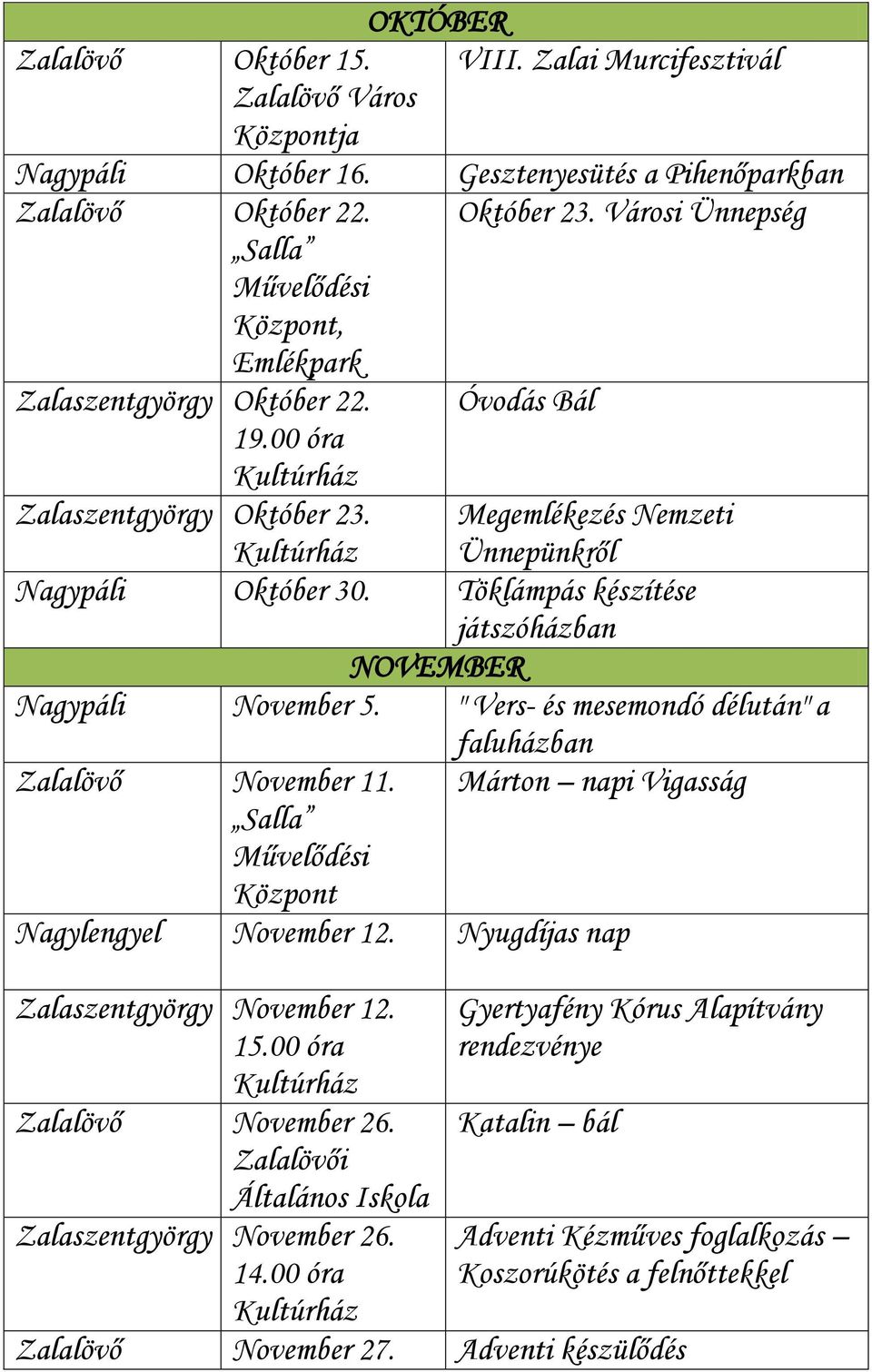 Töklámpás készítése játszóházban NOVEMBER Nagypáli November 5. " Vers- és mesemondó délután" a faluházban Zalalövő November 11. Márton napi Vigasság Nagylengyel November 12.