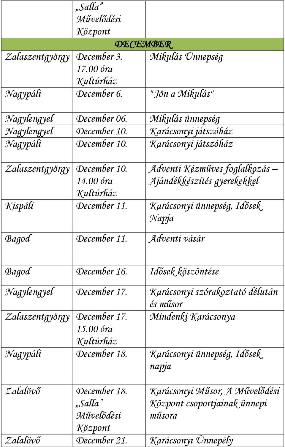 Karácsonyi ünnepség, Idősek Napja Bagod December 11. Adventi vásár Bagod December 16. Idősek köszöntése Nagylengyel December 17.