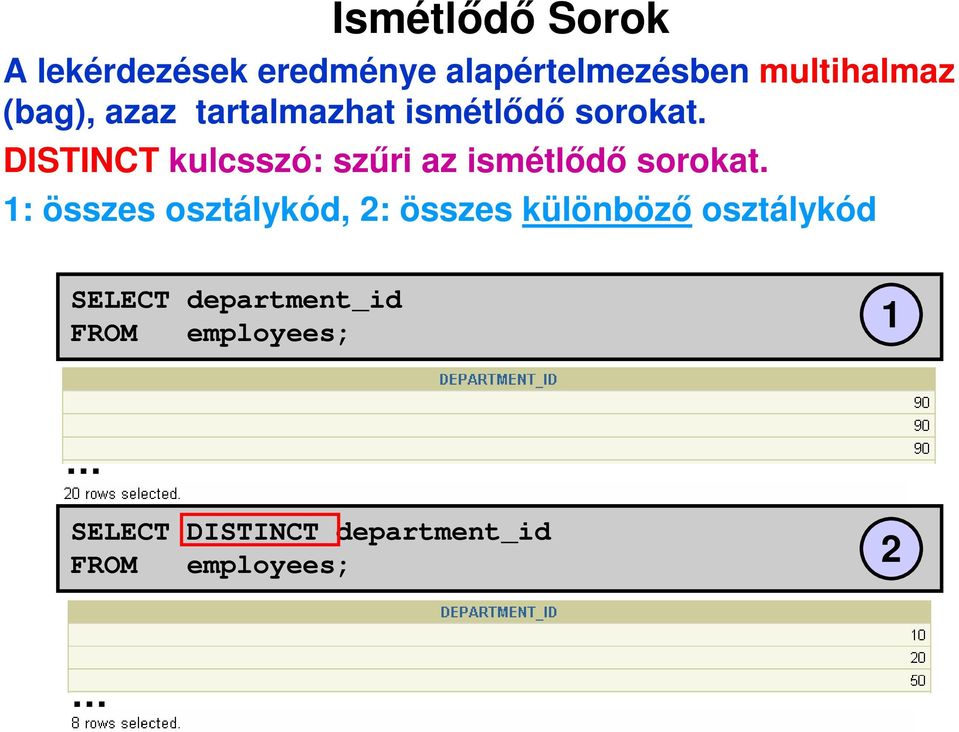 DISTINCT kulcsszó: szűri az ismétlődő sorokat.