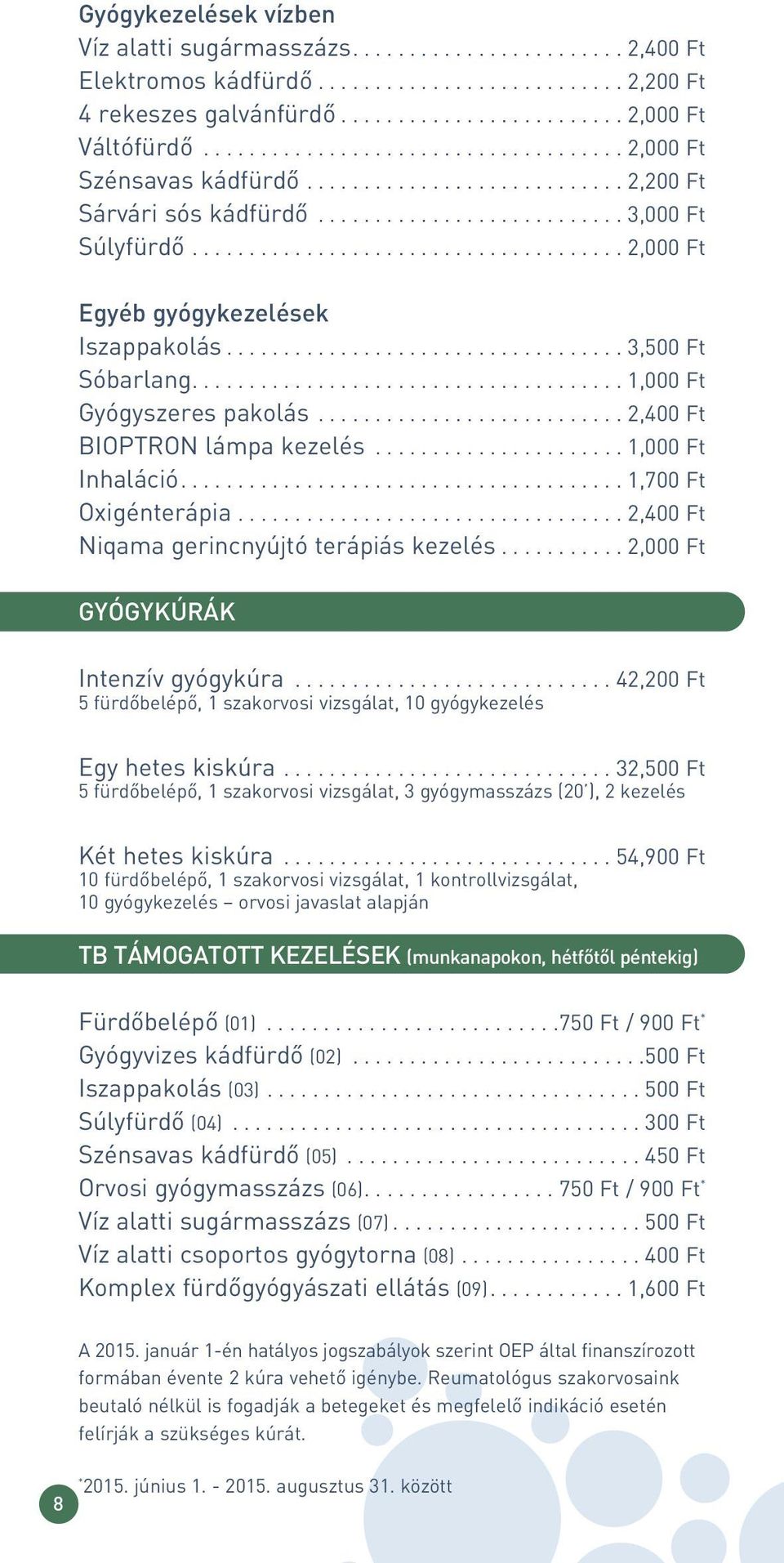 ..................................... 2,000 Ft Egyéb gyógykezelések Iszappakolás................................... 3,500 Ft Sóbarlang...................................... 1,000 Ft Gyógyszeres pakolás.