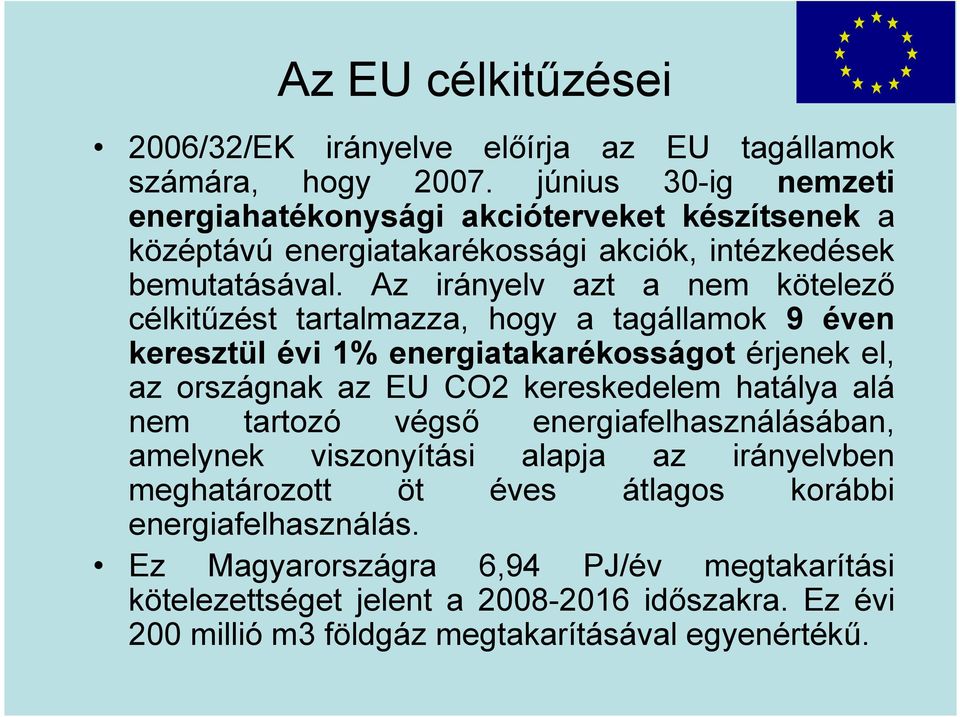 Az irányelv azt a nem kötelező célkitűzést tartalmazza, hogy a tagállamok 9 éven keresztül évi 1% energiatakarékosságot érjenek el, az országnak az EU CO2 kereskedelem