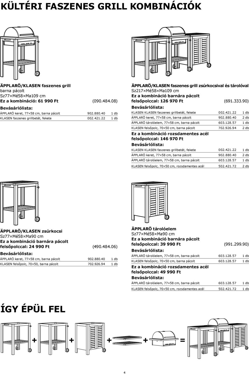 90) KLASEN KLASEN faszenes grillbetét, fekete 002.421.22 ÄPPLARÖ keret, 77 58 cm, barna pácolt 902.880.40 ÄPPLARÖ tárolóelem, 77 58 cm, barna pácolt 603.128.