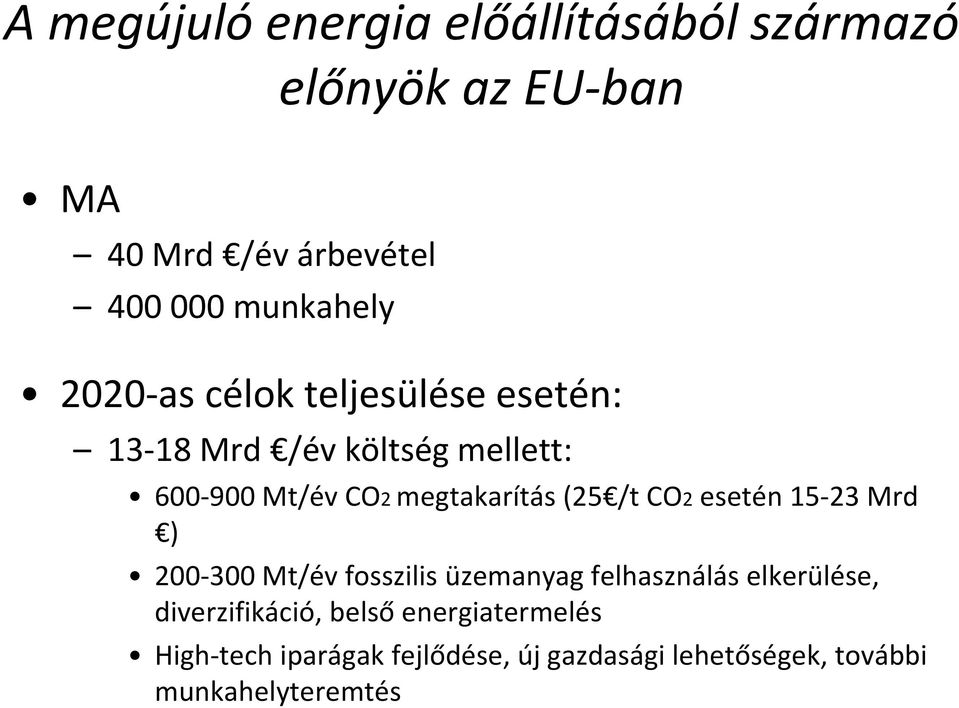 megtakarítás (25 /t CO2 esetén 15 23 Mrd ) 200 300 Mt/év fosszilis üzemanyag felhasználás elkerülése,