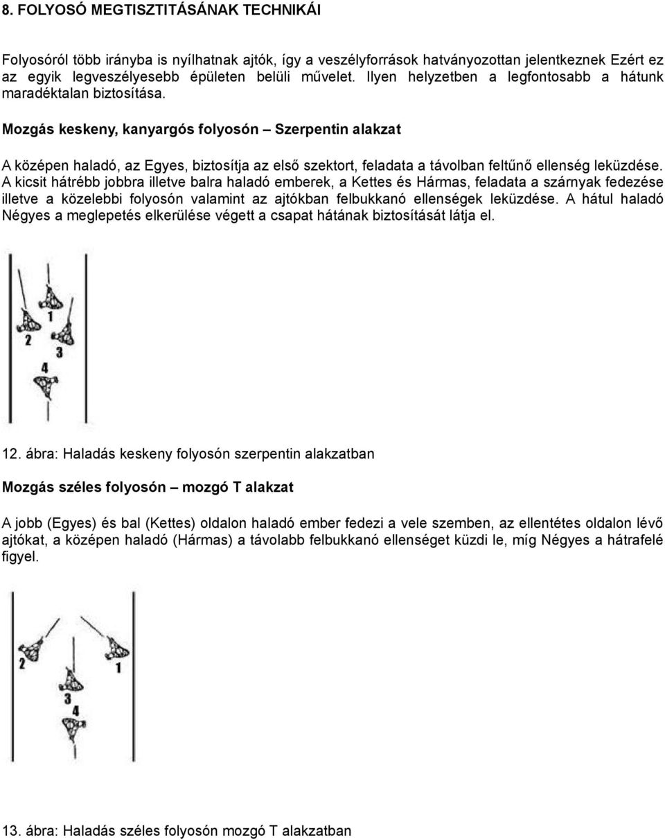 Mozgás keskeny, kanyargós folyosón Szerpentin alakzat A középen haladó, az Egyes, biztosítja az első szektort, feladata a távolban feltűnő ellenség leküzdése.