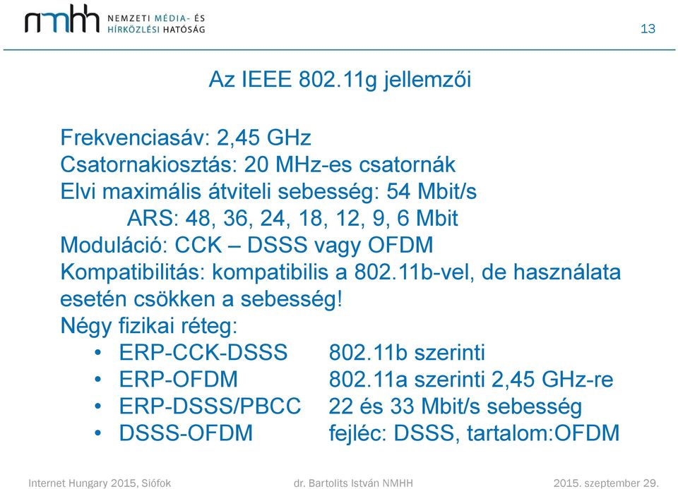 Mbit/s ARS: 48, 36, 24, 18, 12, 9, 6 Mbit Moduláció: CCK DSSS vagy OFDM Kompatibilitás: kompatibilis a 802.