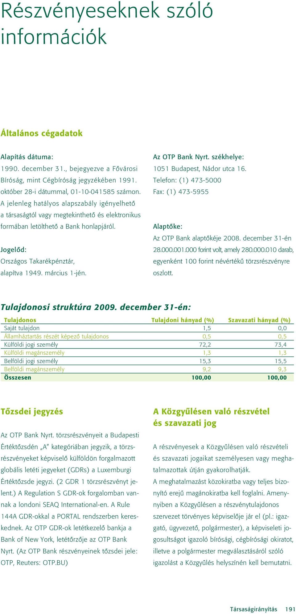 Az OTP Bank Nyrt. székhelye: 1051 Budapest, Nádor utca 16. Telefon: (1) 473-5000 Fax: (1) 473-5955 Alaptôke: Az OTP Bank alaptôkéje 2008. december 31-én 28.000.001.000 forint volt, amely 280.000.010 darab, egyenként 100 forint névértékû törzsrészvényre oszlott.