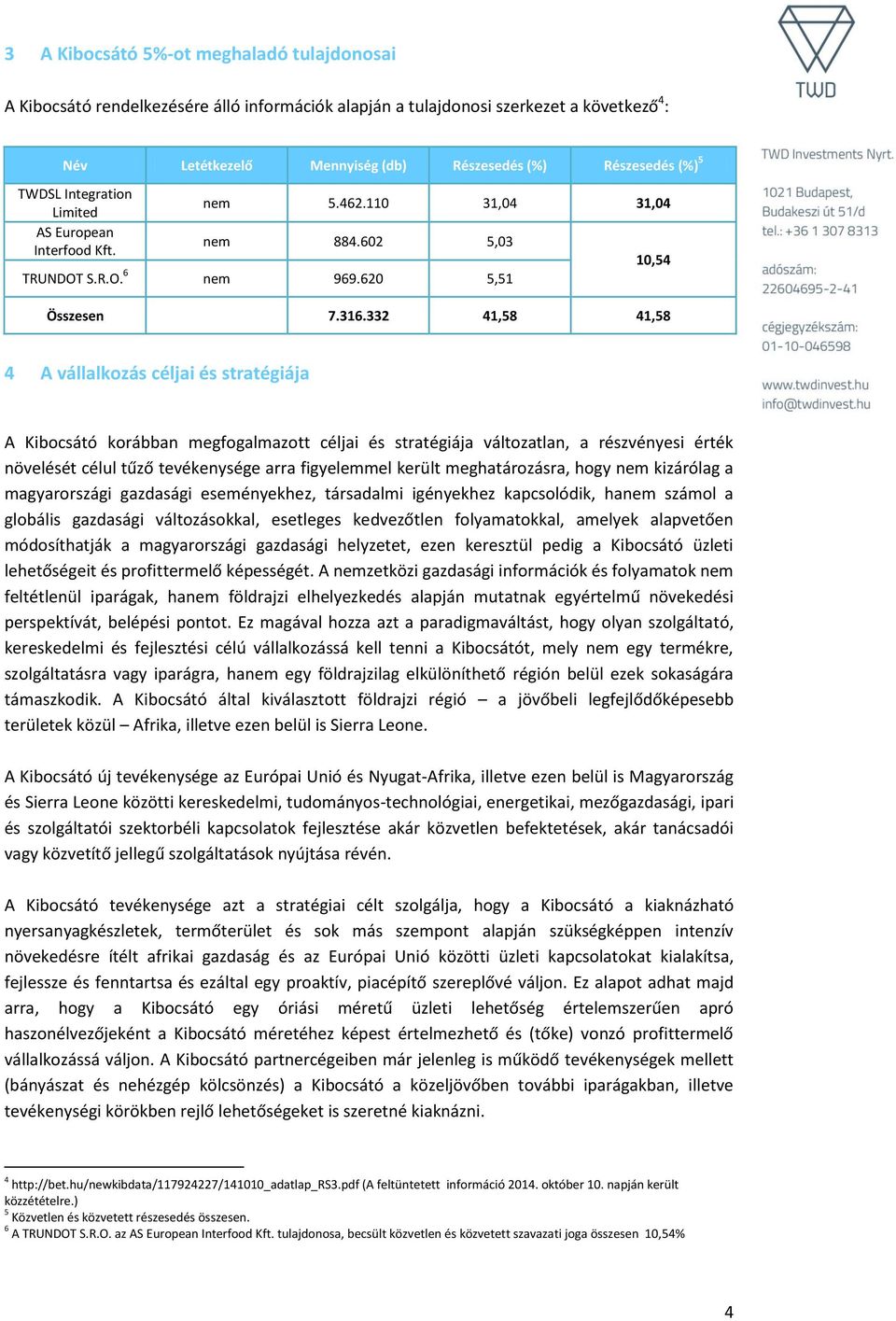 332 41,58 41,58 4 A vállalkozás céljai és stratégiája A Kibocsátó korábban megfogalmazott céljai és stratégiája változatlan, a részvényesi érték növelését célul tűző tevékenysége arra figyelemmel