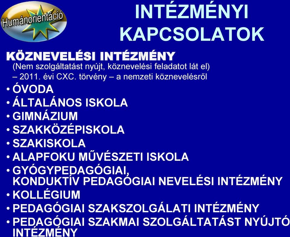 törvény a nemzeti köznevelésről ÓVODA ÁLTALÁNOS ISKOLA GIMNÁZIUM SZAKKÖZÉPISKOLA SZAKISKOLA