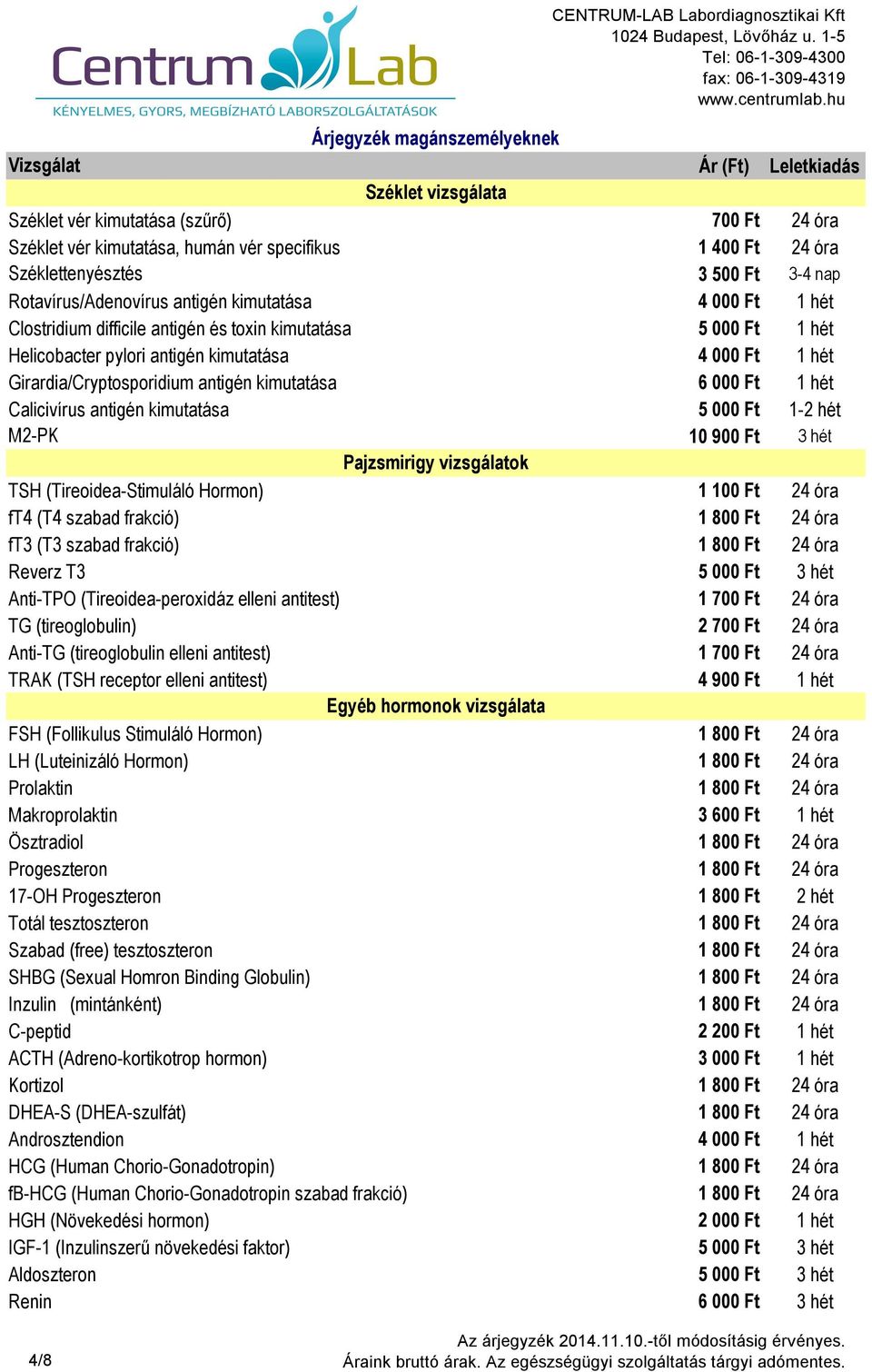 Calicivírus antigén kimutatása 5 000 Ft 1-2 hét M2-PK 10 900 Ft 3 hét Pajzsmirigy vizsgálatok TSH (Tireoidea-Stimuláló Hormon) 1 100 Ft 24 óra ft4 (T4 szabad frakció) 1 800 Ft 24 óra ft3 (T3 szabad