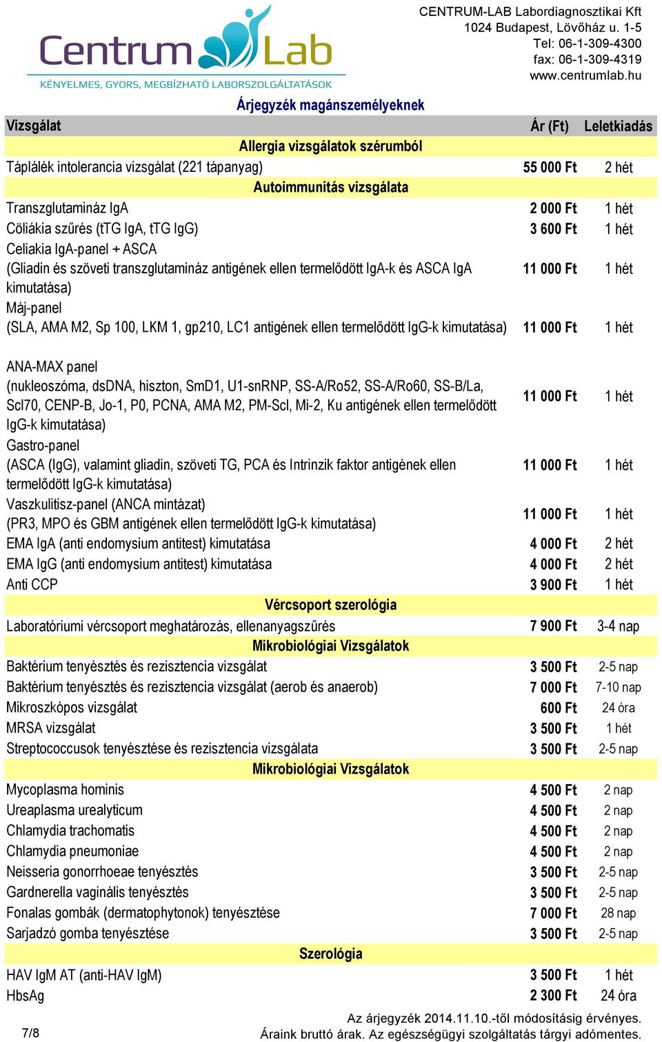 antigének ellen termelődött IgG-k kimutatása) 11 000 Ft 1 hét ANA-MAX panel (nukleoszóma, dsdna, hiszton, SmD1, U1-snRNP, SS-A/Ro52, SS-A/Ro60, SS-B/La, Scl70, CENP-B, Jo-1, P0, PCNA, AMA M2, PM-Scl,