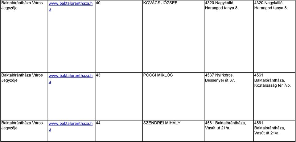 h u 43 PÓCSI MIKLÓS 4537 Nyírkércs, Bessenyei út 37. 4561 Baktalórántháza, Köztársaság tér 7/b.