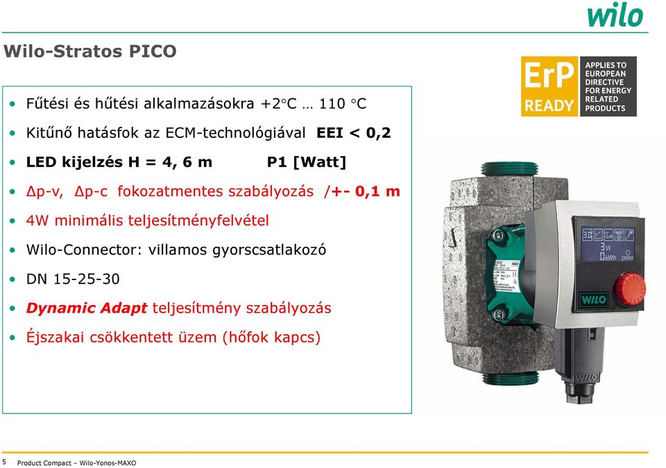 szabályozás /+-0,1 m 4W minimális teljesítményfelvétel Wilo-Connector: villamos gyorscsatlakozó