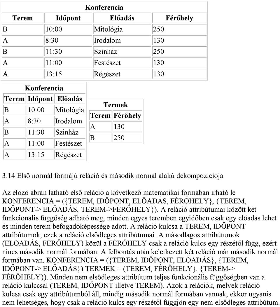 14 Első normál formájú reláció és második normál alakú dekompozíciója Az előző ábrán látható első reláció a következő matematikai formában írható le KONFERENCIA = ({TEREM, IDŐPONT, ELŐADÁS,