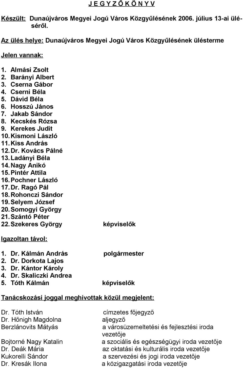 Kovács Pálné 13. Ladányi Béla 14. Nagy Anikó 15. Pintér Attila 16. Pochner László 17.Dr. Ragó Pál 18. Rohonczi Sándor 19. Selyem József 20. Somogyi György 21. Szántó Péter 22.