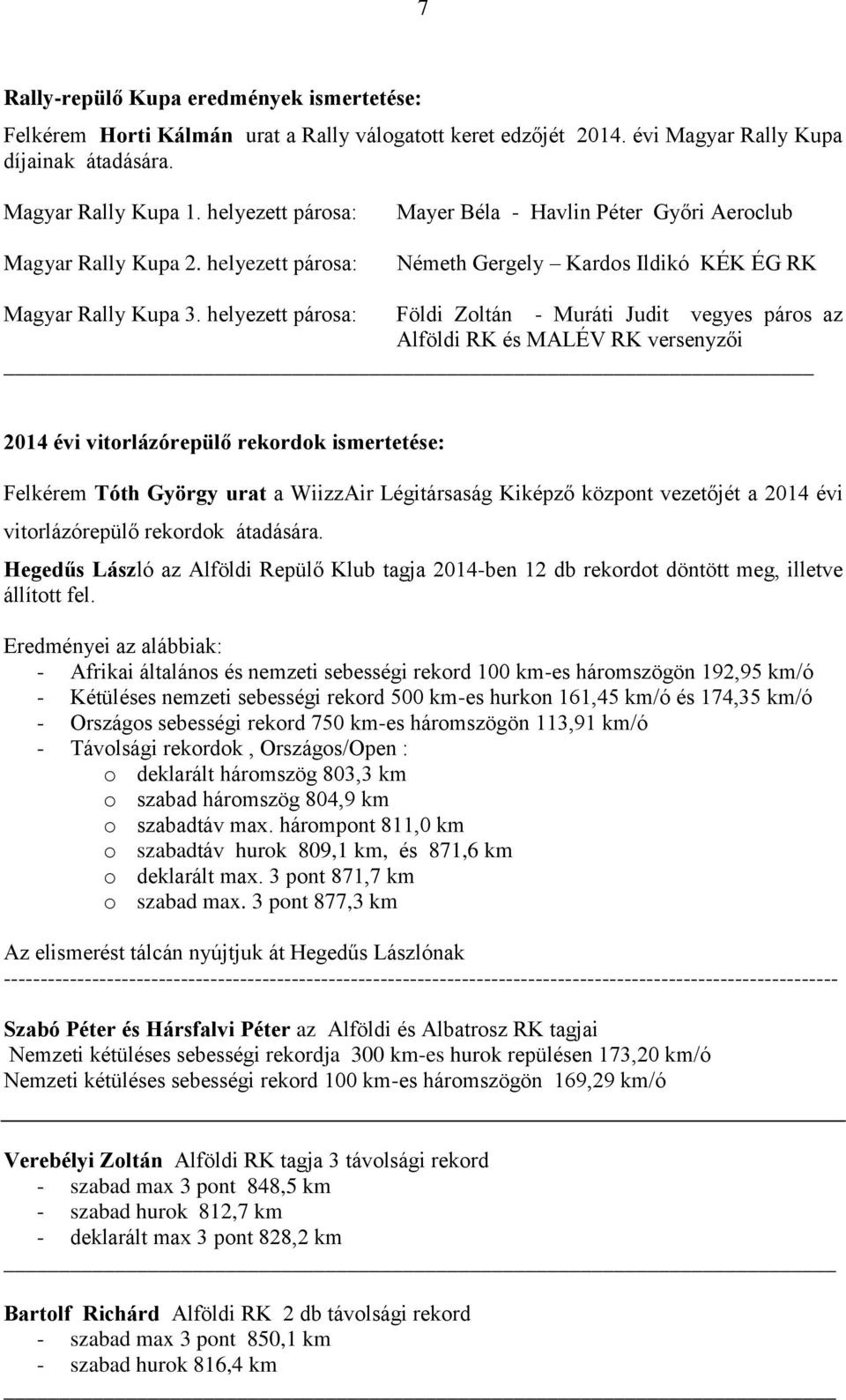 helyezett párosa: Földi Zoltán - Muráti Judit vegyes páros az Alföldi RK és MALÉV RK versenyzői 2014 évi vitorlázórepülő rekordok ismertetése: Felkérem Tóth György urat a WiizzAir Légitársaság