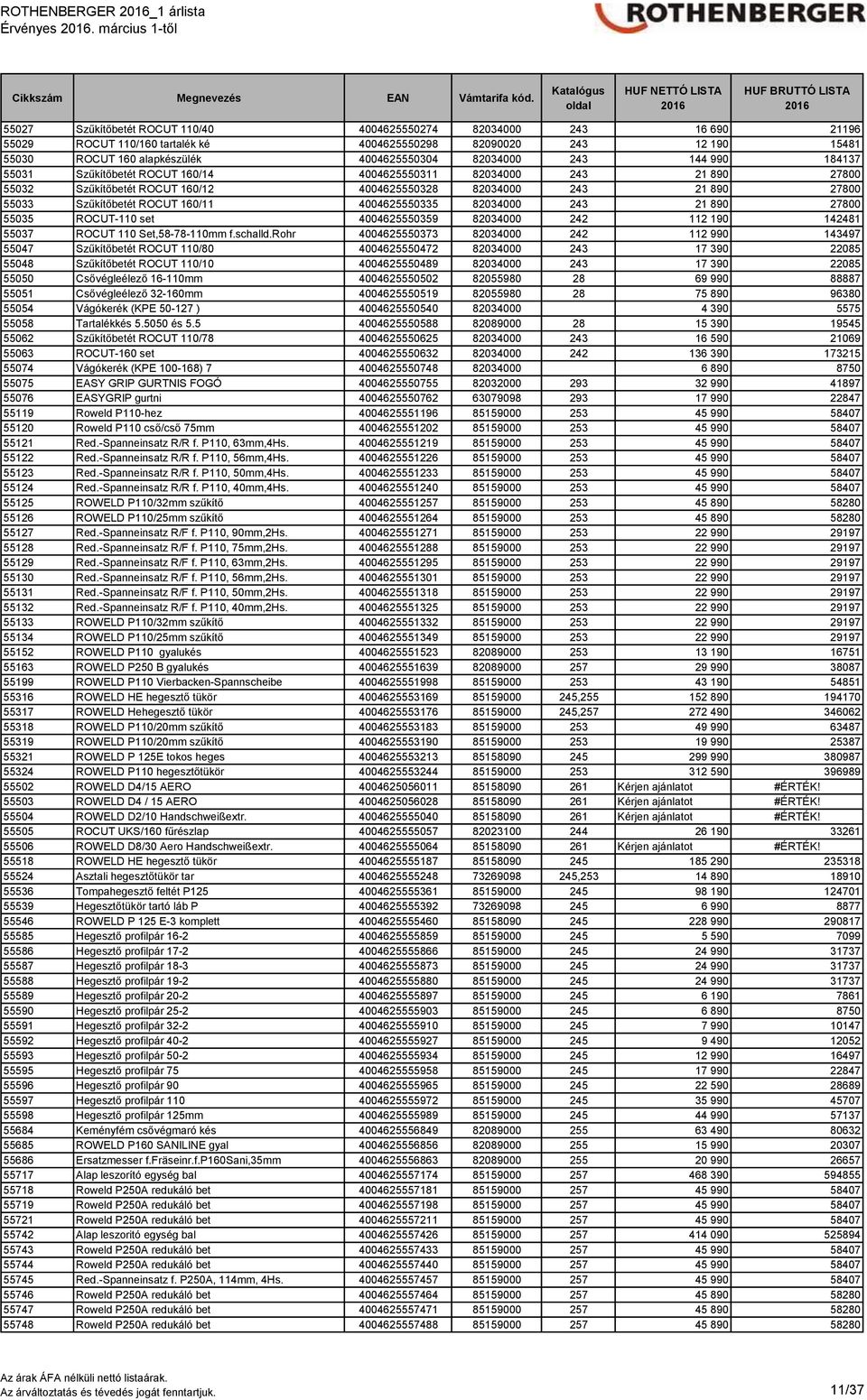 4004625550304 82034000 243 144 990 184137 55031 Szűkítőbetét ROCUT 160/14 4004625550311 82034000 243 21 890 27800 55032 Szűkítőbetét ROCUT 160/12 4004625550328 82034000 243 21 890 27800 55033