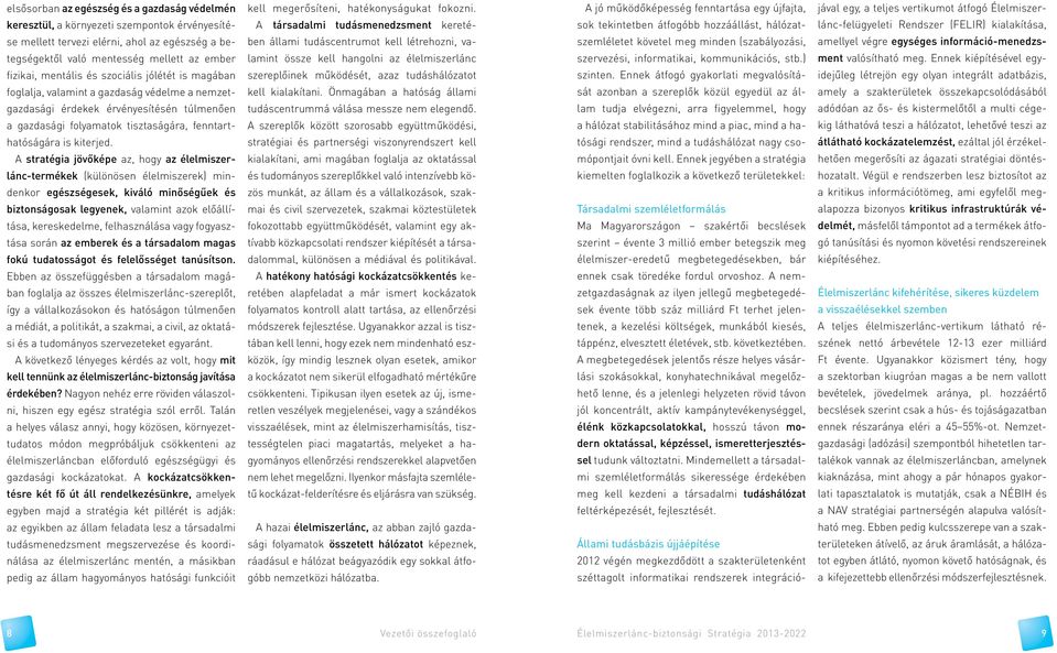 A stratégia jövőképe az, hogy az élelmiszerlánc-termékek (különösen élelmiszerek) mindenkor egészségesek, kiváló minőségűek és biztonságosak legyenek, valamint azok előállítása, kereskedelme,