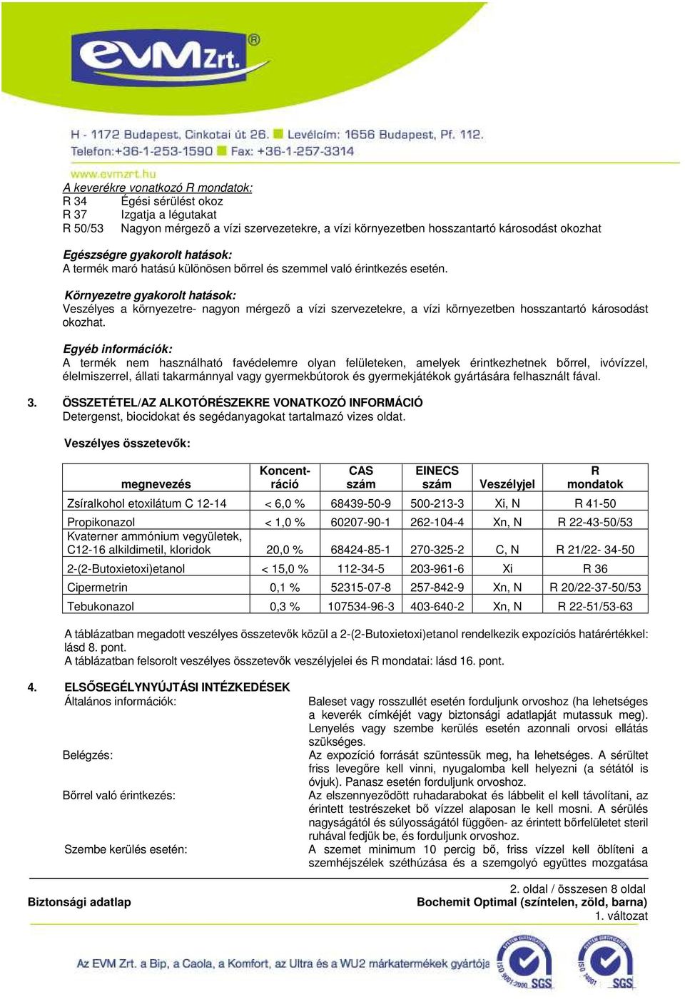 Környezetre gyakorolt hatások: Veszélyes a környezetre- nagyon mérgezı a vízi szervezetekre, a vízi környezetben hosszantartó károsodást okozhat.