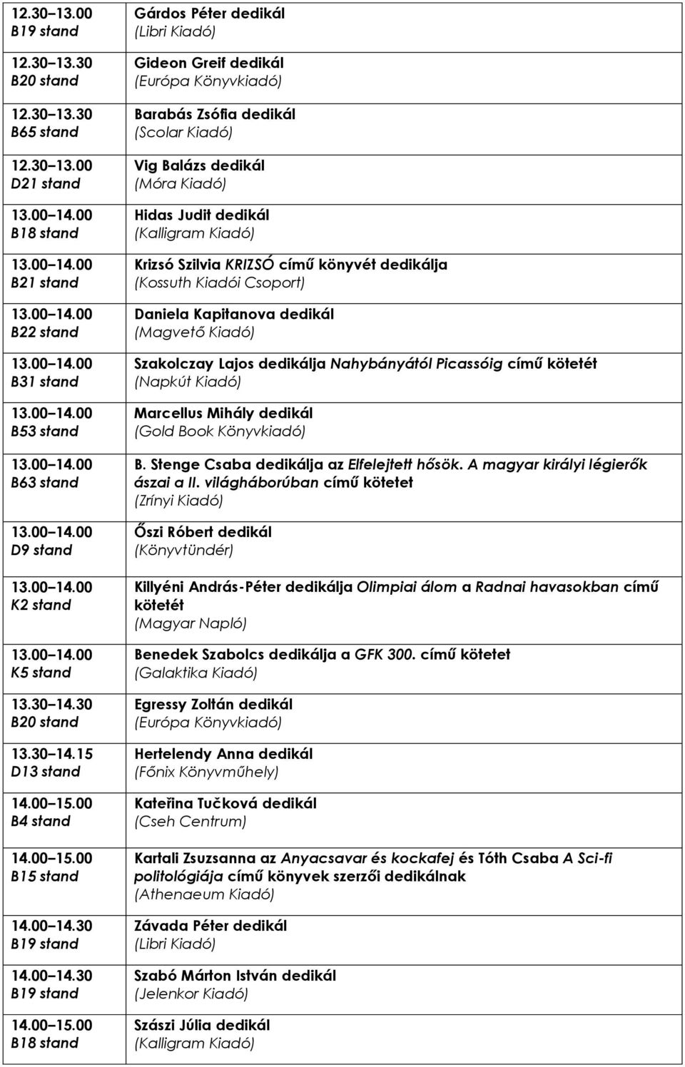 30 Gárdos Péter dedikál (Libri Kiadó) Gideon Greif dedikál Barabás Zsófia dedikál Vig Balázs dedikál Hidas Judit dedikál Krizsó Szilvia KRIZSÓ című könyvét dedikálja Daniela Kapitanova dedikál