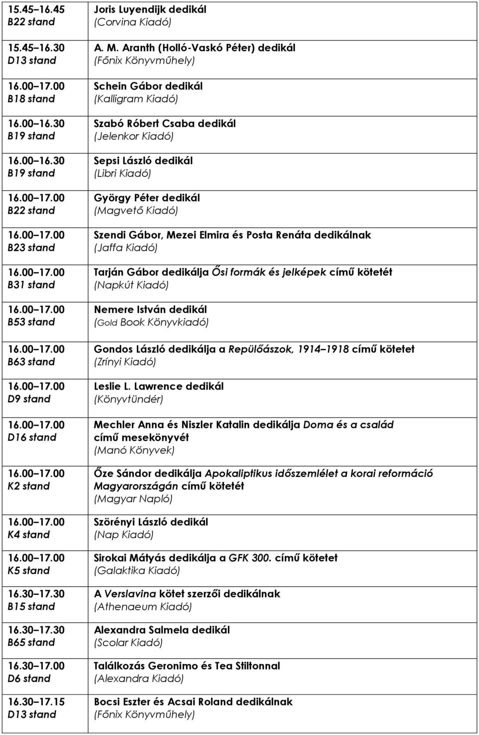 Elmira és Posta Renáta dedikálnak Tarján Gábor dedikálja Ősi formák és jelképek című kötetét Nemere István dedikál (Gold Book Könyvkiadó) Gondos László dedikálja a Repülőászok, 1914 1918 című kötetet