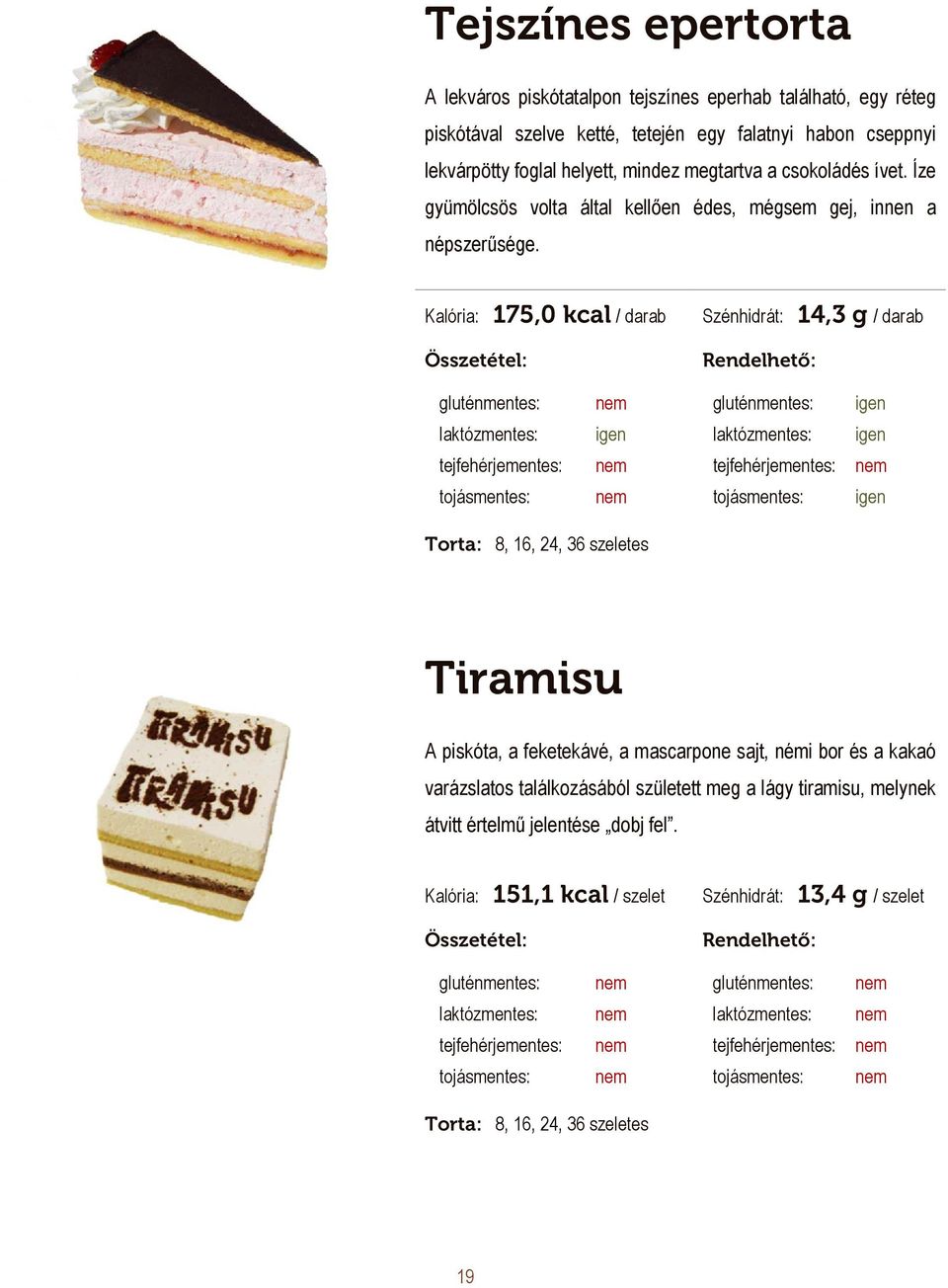 Kalória: 175,0 kcal / darab Szénhidrát: 14,3 g / darab 250 Ft / darab Tiramisu A piskóta, a feketekávé, a mascarpone sajt, némi bor és a kakaó