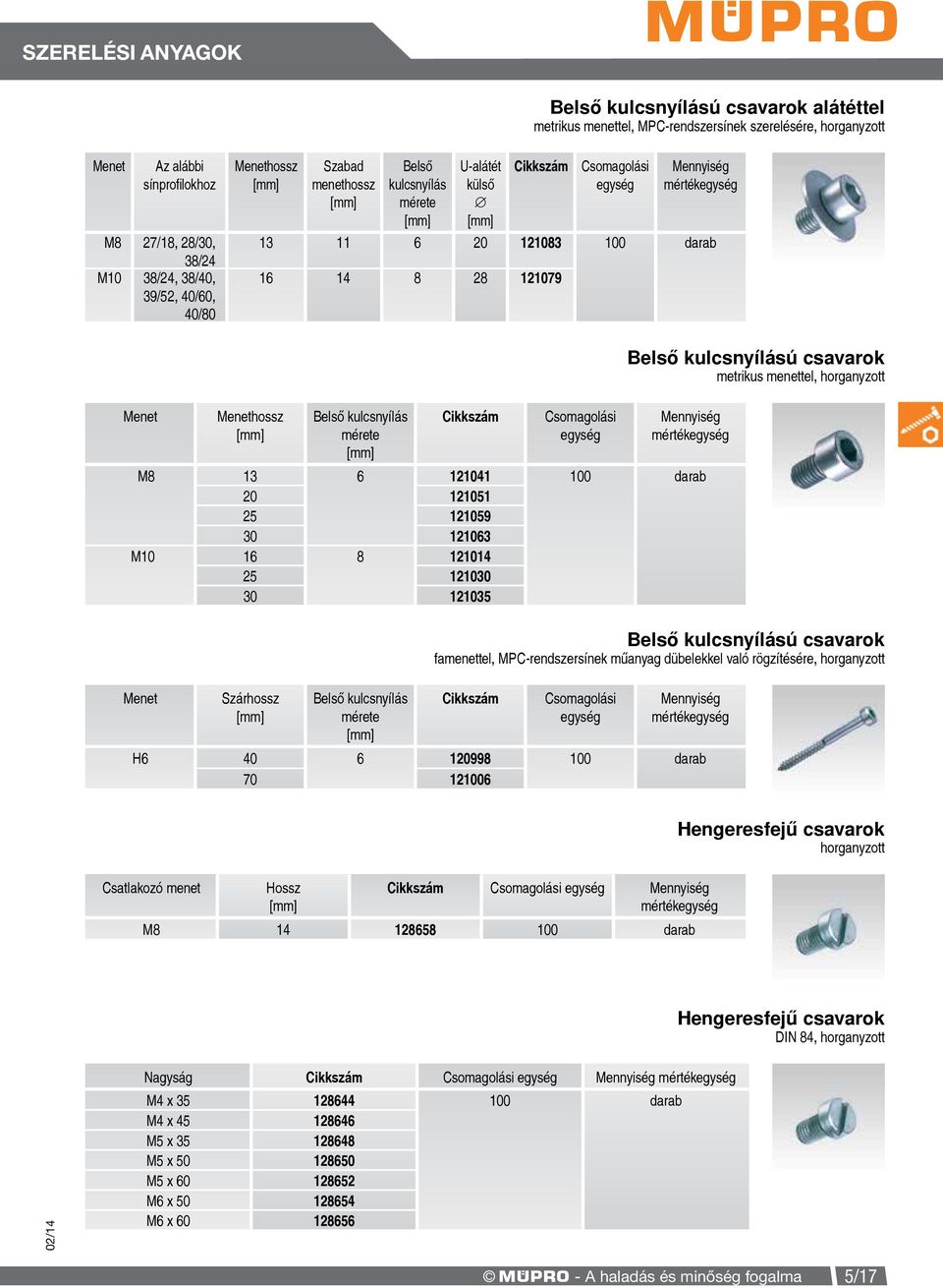 121041 100 darab 20 121051 25 121059 30 121063 M10 16 8 121014 25 121030 30 121035 Szárhossz Belső kulcsnyílás mérete Belső kulcsnyílású csavarok famenettel, MPC-rendszersínek műanyag dübelekkel való