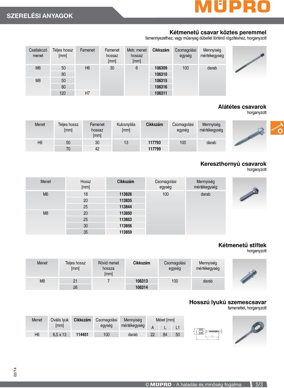 106311 Teljes hossz Famenet hossaz Kulcsnyílás H8 50 30 13 117793 100 darab 70 42 117799 Alátétes csavarok Hossz Kereszthornyú csavarok M6 18 113826 100 darab 20 113835 25