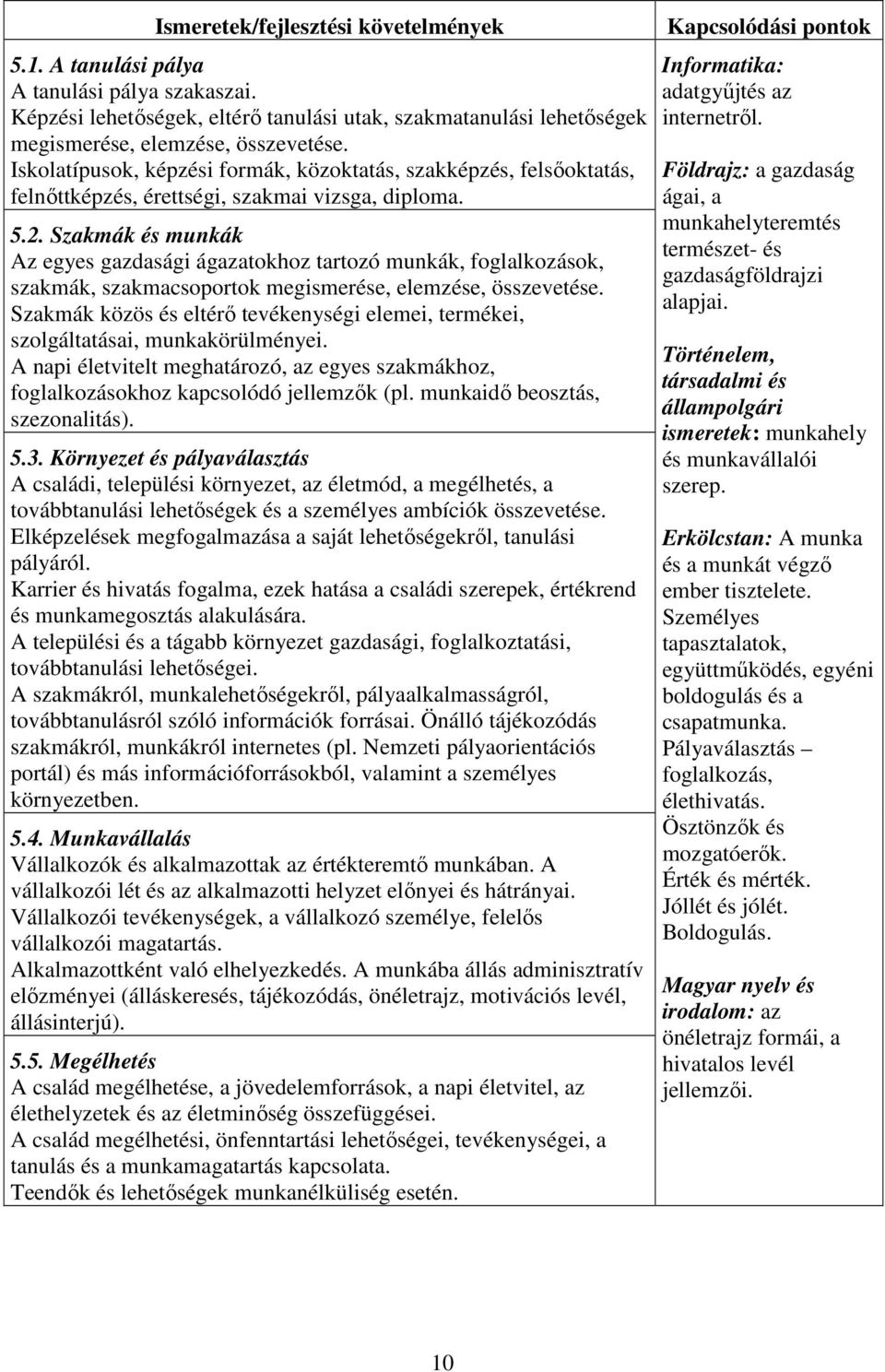 Szakmák és munkák Az egyes gazdasági ágazatokhoz tartozó munkák, foglalkozások, szakmák, szakmacsoportok megismerése, elemzése, összevetése.