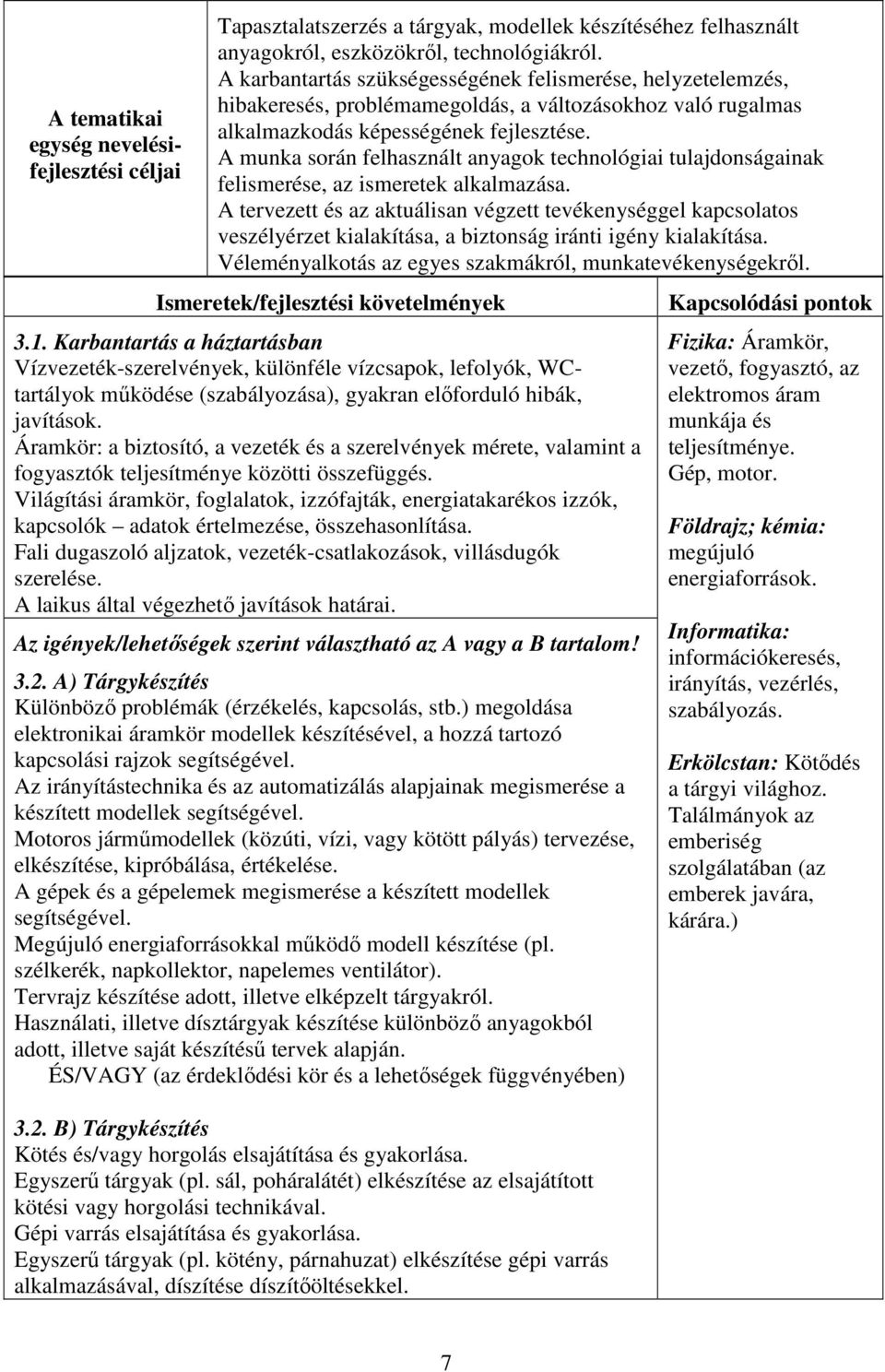 A munka során felhasznált anyagok technológiai tulajdonságainak felismerése, az ismeretek alkalmazása.