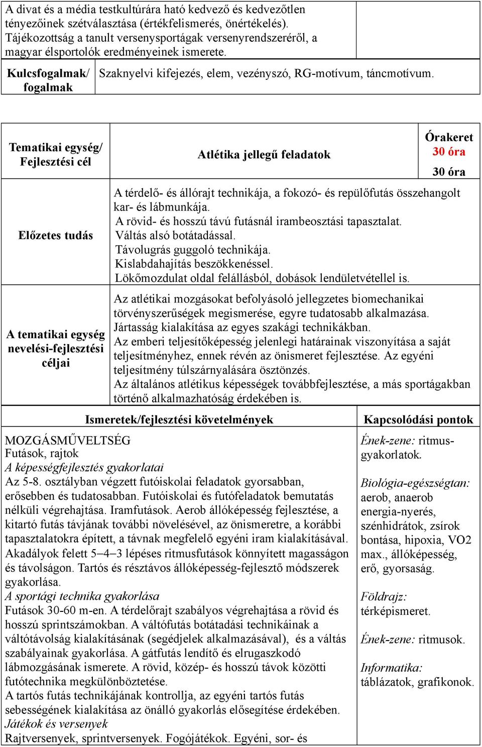 Tematikai egység/ Fejlesztési cél Előzetes tudás A tematikai egység nevelési-fejlesztési céljai Atlétika jellegű feladatok Órakeret 30 óra 30 óra A térdelő- és állórajt technikája, a fokozó- és