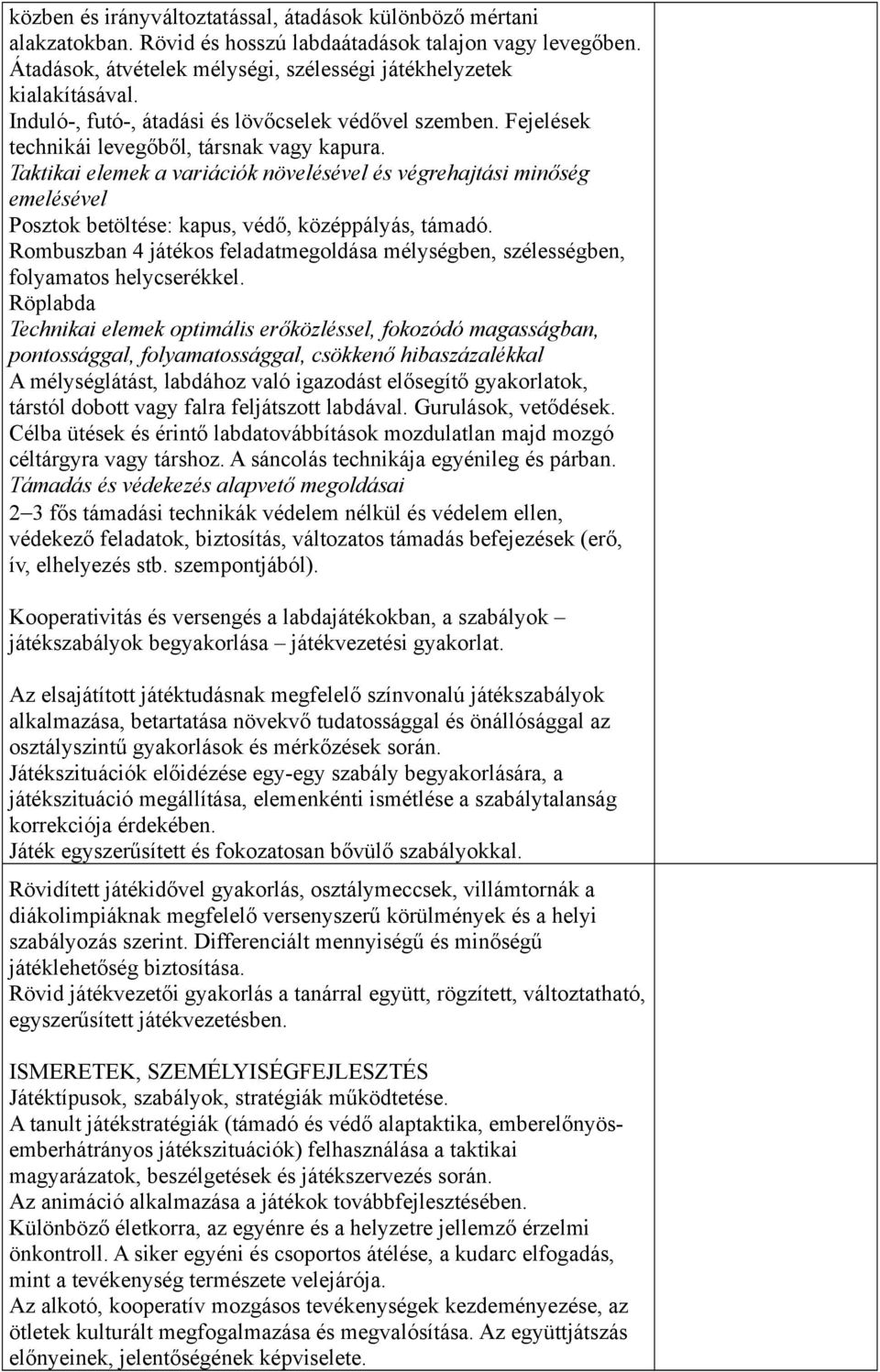 Taktikai elemek a variációk növelésével és végrehajtási minőség emelésével Posztok betöltése: kapus, védő, középpályás, támadó.