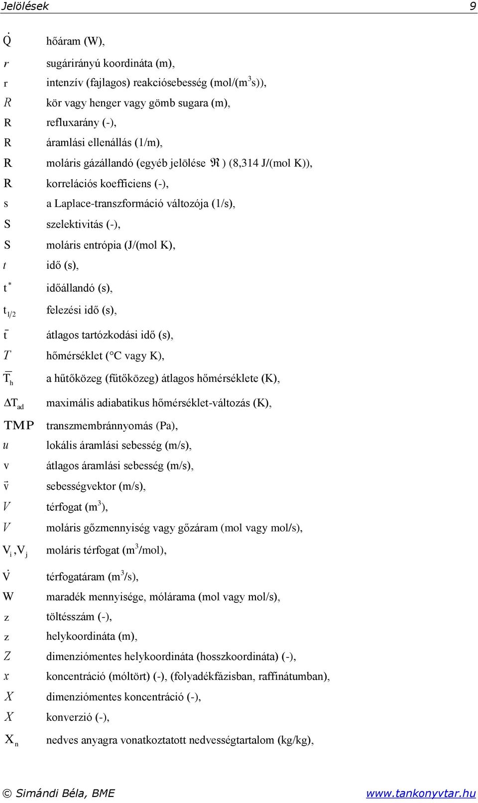 időállandó (s), t 1 2 felezési idő (s), t T T h átlagos tartózkodási idő (s), hőmérséklet (C vagy K), a hűtőközeg (fűtőközeg) átlagos hőmérséklete (K), T ad maximális adiabatikus hőmérséklet-változás