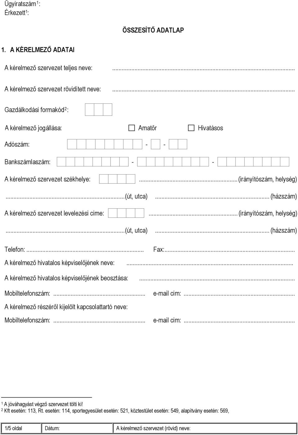 ..(út, utca) A kérelmező szervezet levelezési címe:...(út, utca) Telefon:...... (házszám)... (irányítószám, helység)... (házszám) Fax:... A kérelmező hivatalos képviselőjének neve:.