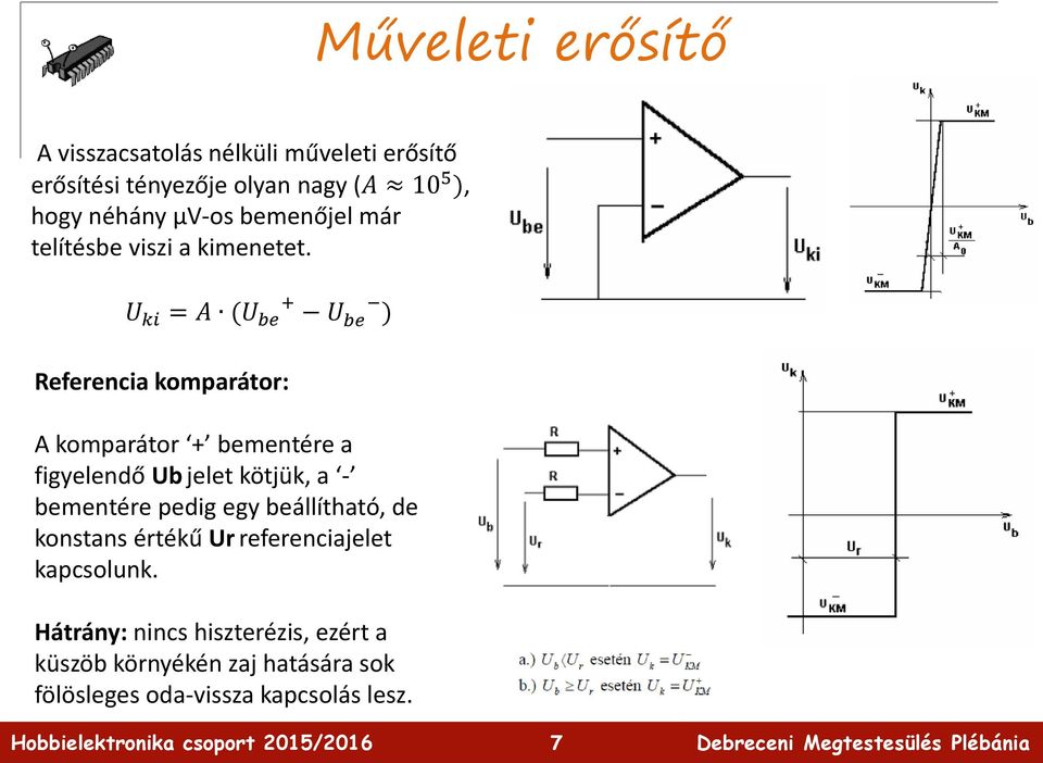 U ki = A (U be + U be ) Referencia komparátor: A komparátor + bementére a figyelendő Ub jelet kötjük, a -