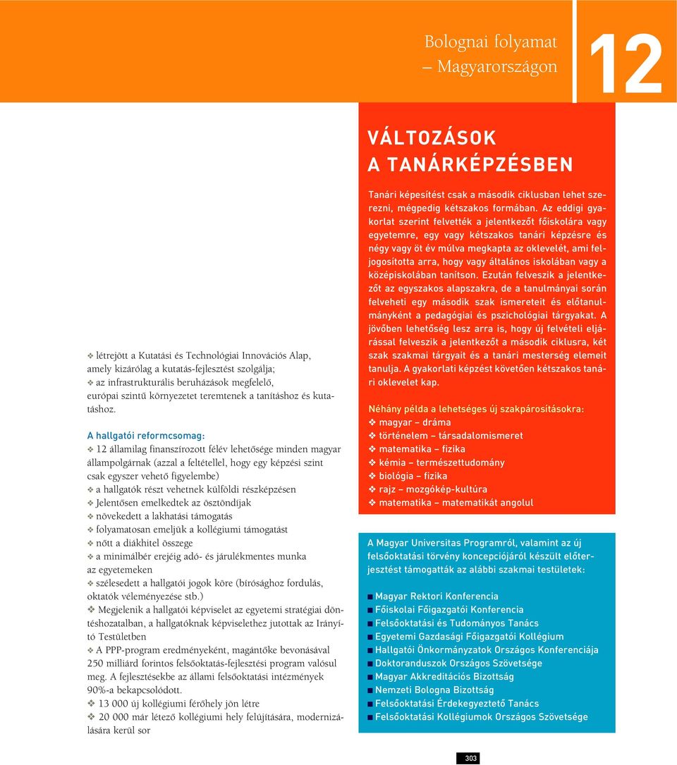 A hallgatói reformcsomag: 12 államilag finanszírozott félév lehetôsége minden magyar állampolgárnak (azzal a feltétellel, hogy egy képzési szint csak egyszer vehetô figyelembe) a hallgatók részt