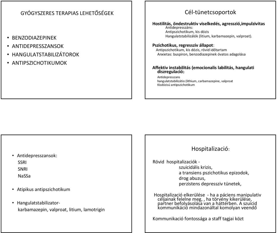 Pszichotikus, regressziv állapot: Antipszichotikum, kis dózis, rövid időtartam Anxietas: buspiron, benzodiazepinek óvatos adagolása Affektivinstabilitás (emocionalislabilitás, hangulati