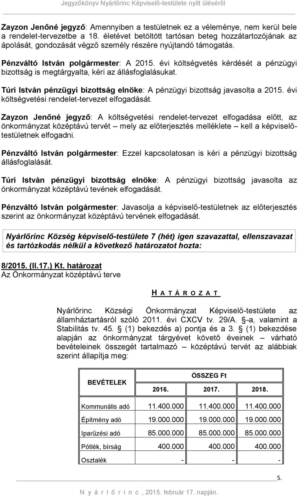 évi költségvetés kérdését a pénzügyi bizottság is megtárgyalta, kéri az állásfoglalásukat. Túri István pénzügyi bizottság elnöke: A pénzügyi bizottság javasolta a 2015.