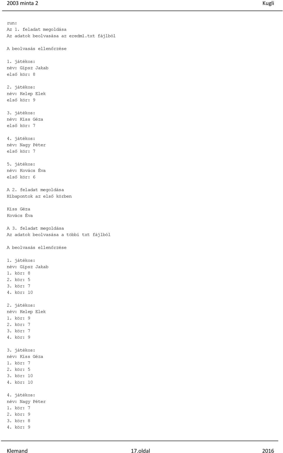 feladat megoldása Hibapontok az első körben Kiss Géza Kovács Éva A 3. feladat megoldása Az adatok beolvasása a többi txt fájlból A beolvasás ellenőrzése 1. játékos: név: Gipsz Jakab 1.