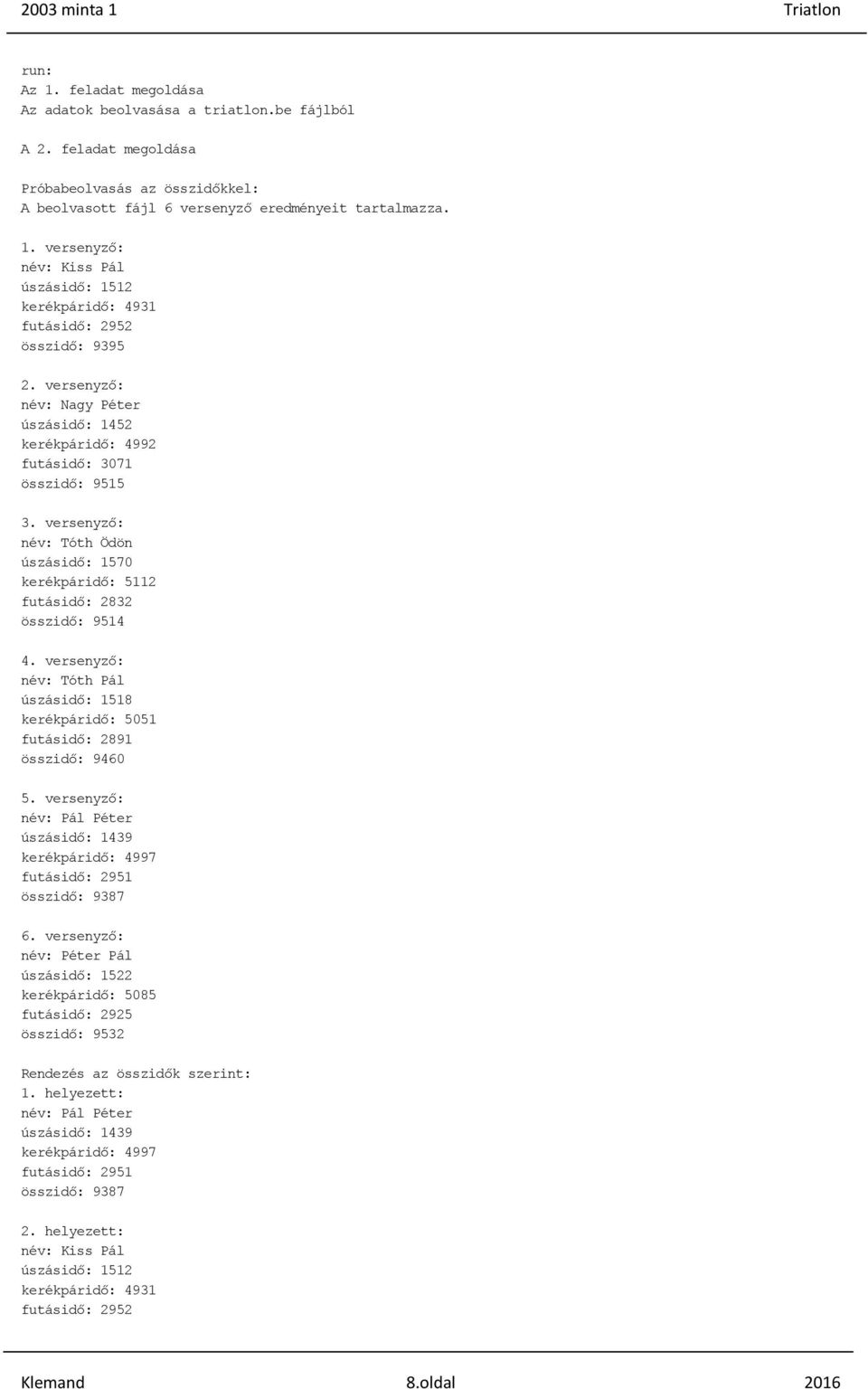 versenyző: név: Nagy Péter úszásidő: 1452 kerékpáridő: 4992 futásidő: 3071 összidő: 9515 3. versenyző: név: Tóth Ödön úszásidő: 1570 kerékpáridő: 5112 futásidő: 2832 összidő: 9514 4.