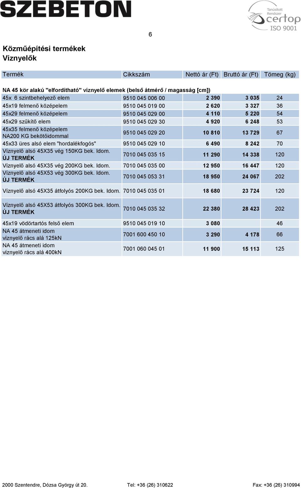 középelem NA200 KG bekötőidommal 9510 045 029 20 10 810 13 729 67 45x33 üres alsó elem "hordalékfogós" 9510 045 029 10 6 490 8 242 70 Víznyelő alsó 45X35 vég 150KG bek. Idom.