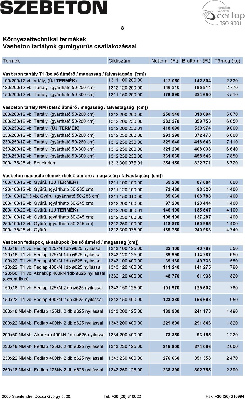Tartály, (gyártható 50-300 cm) 1311 150 200 00 176 890 224 650 3 510 Vasbeton tartály NM (belső átmérő / magasság / falvastagság [cm]) 200/200/12 vb.